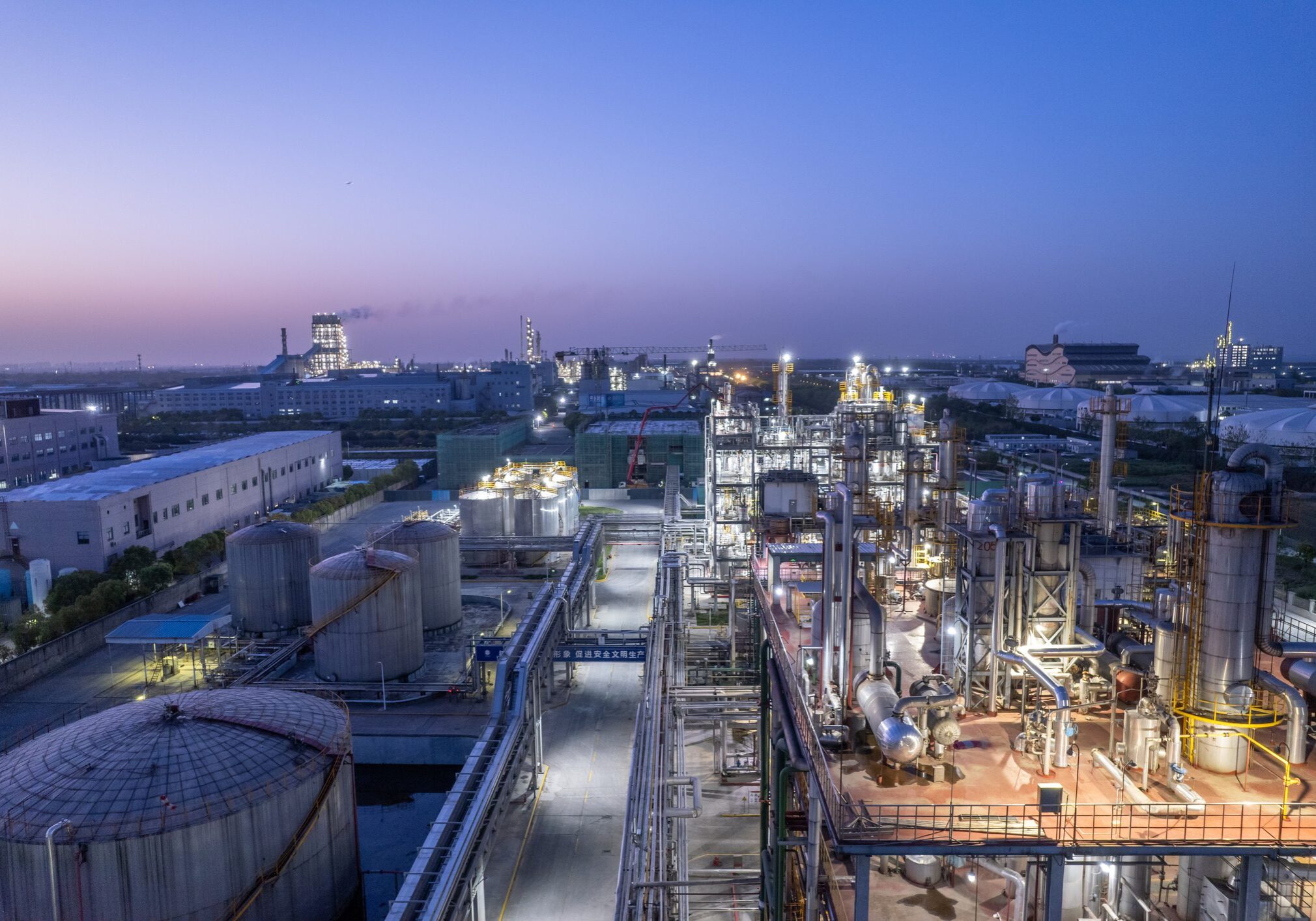 Aerial view of twilight of oil refinery ,Shot from drone of Oil refinery plant