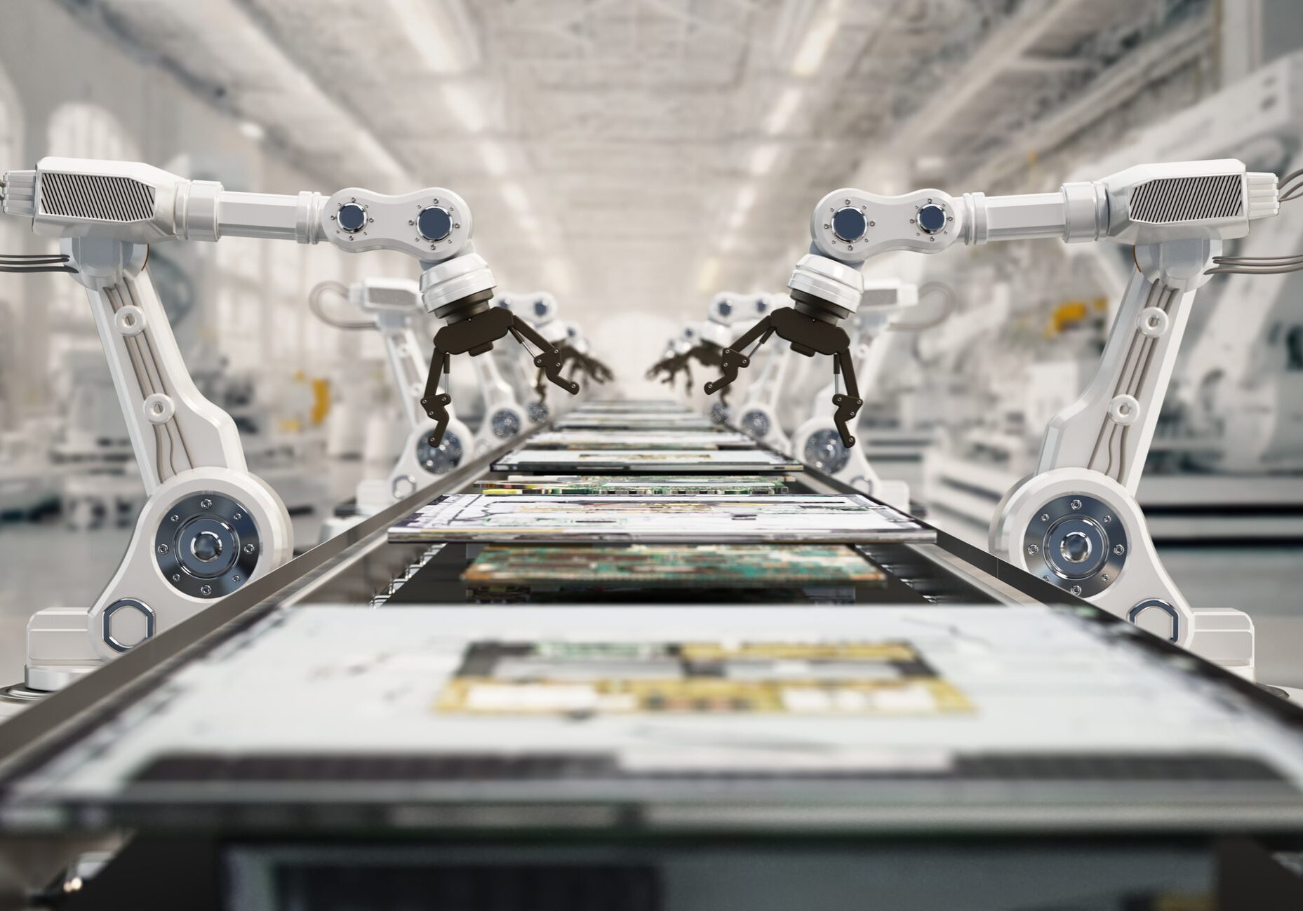 High-tech robotics work efficiently on an assembly line, handling electronic components in a modern manufacturing facility. This advanced setup showcases automation in production processes. 3D illustration.
