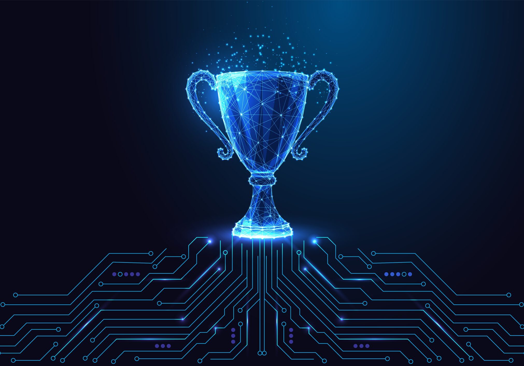 Digital achievement concept with glowing wireframe trophy cup above a circuit board. Symbol of tech success, innovation, and recognition. Glowing low polygonal abstract vector illustration.