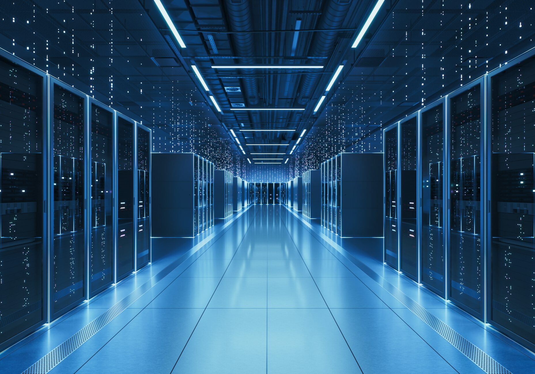 Interior view of a futuristic data center designed for artificial intelligence processing, featuring glowing servers and digital data streams.